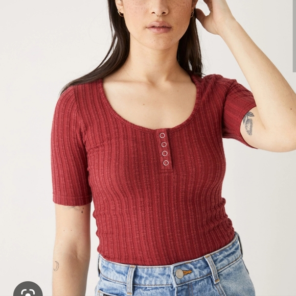 Frank and Oak - Henley Pointelle Top in Rhubarb - Picture 4 of 4